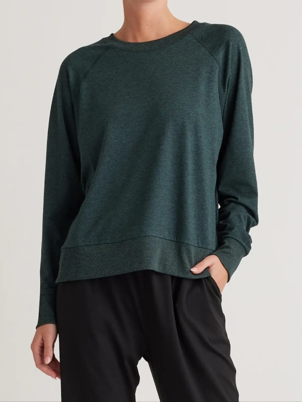 Quince FlowKnit Pullover Heather Green Sweater Sweatshirt Cozy Moisture Wicking